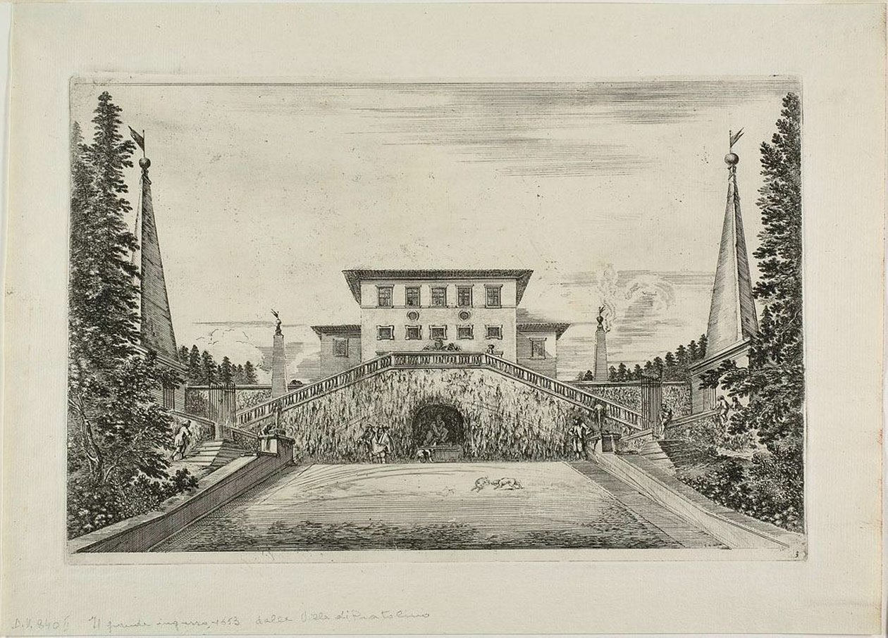 Zuidgevel van de villa en de grote weide, uit Zichten van de Villa Pratolino door Stefano della Bella