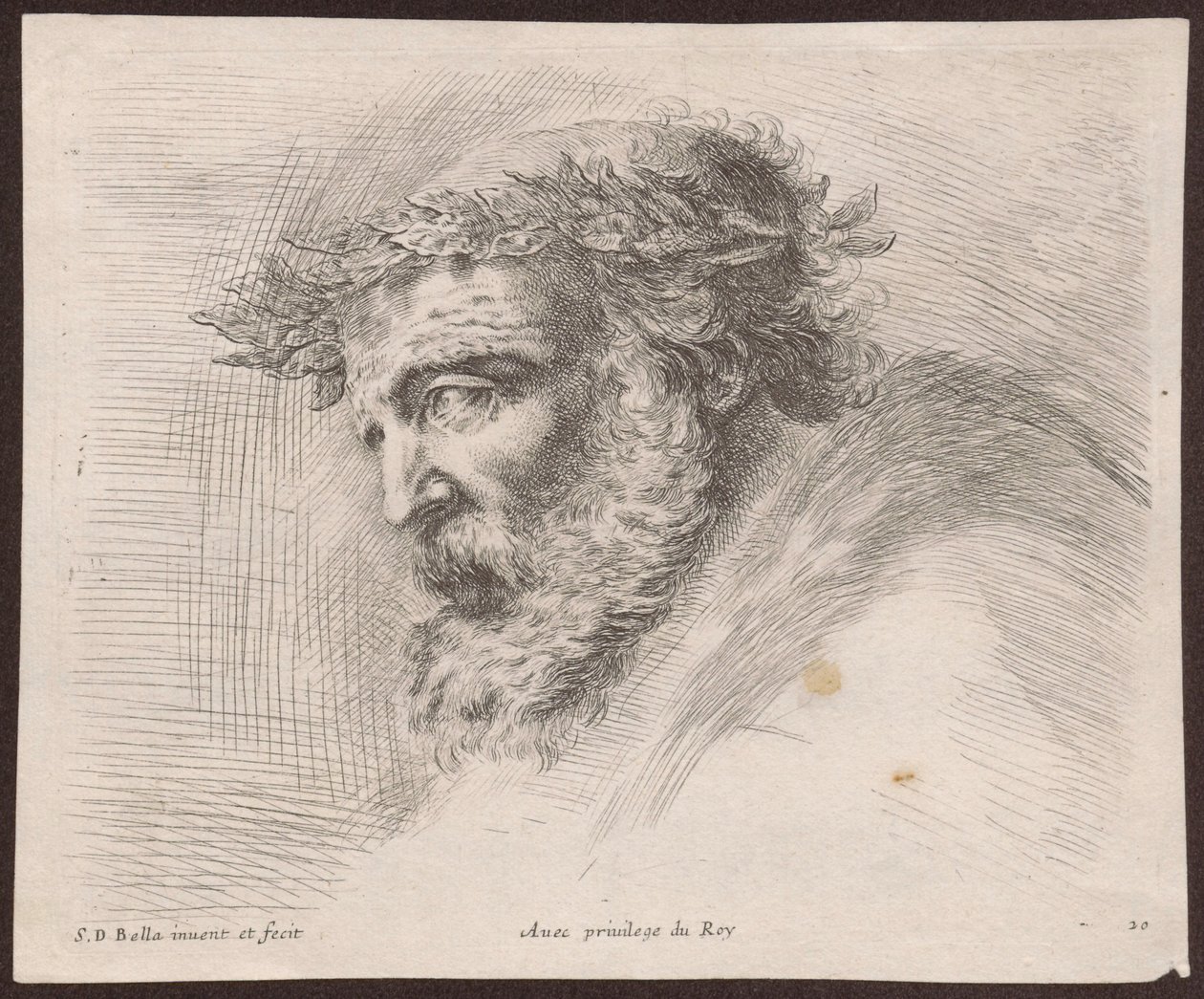 Studie van het hoofd van een bebaarde oude man met een lauwerkrans, in profiel, naar links gekeerd, uit de reeks „Principii del disegno“ door Stefano della Bella