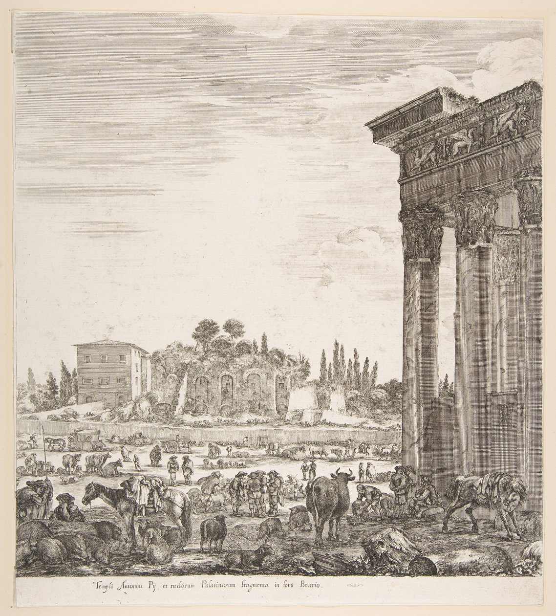 De zuilen van de Tempel van Antoninus rechts, een deel van het Campo Vaccino in het midden, 1656 door Stefano della Bella
