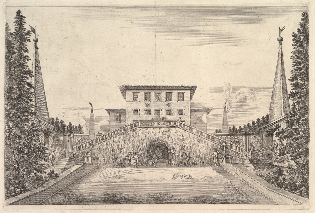 De villa geflankeerd door vier obelisken, een trap aan weerszijden, een standbeeld, ca. 1653 door Stefano della Bella