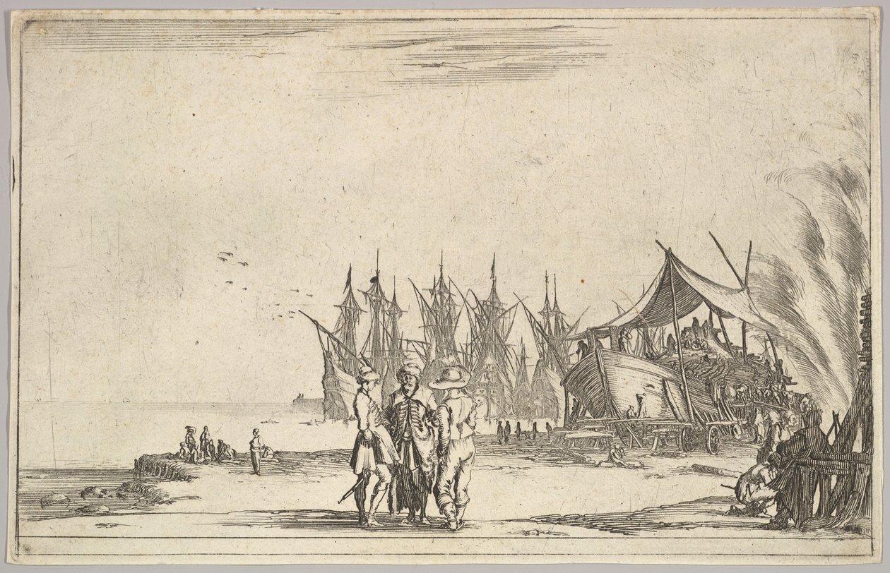 Drie mannen met hoeden in het midden, mannen die een schip repareren rechts, vijf schepen en verschillende door Stefano della Bella