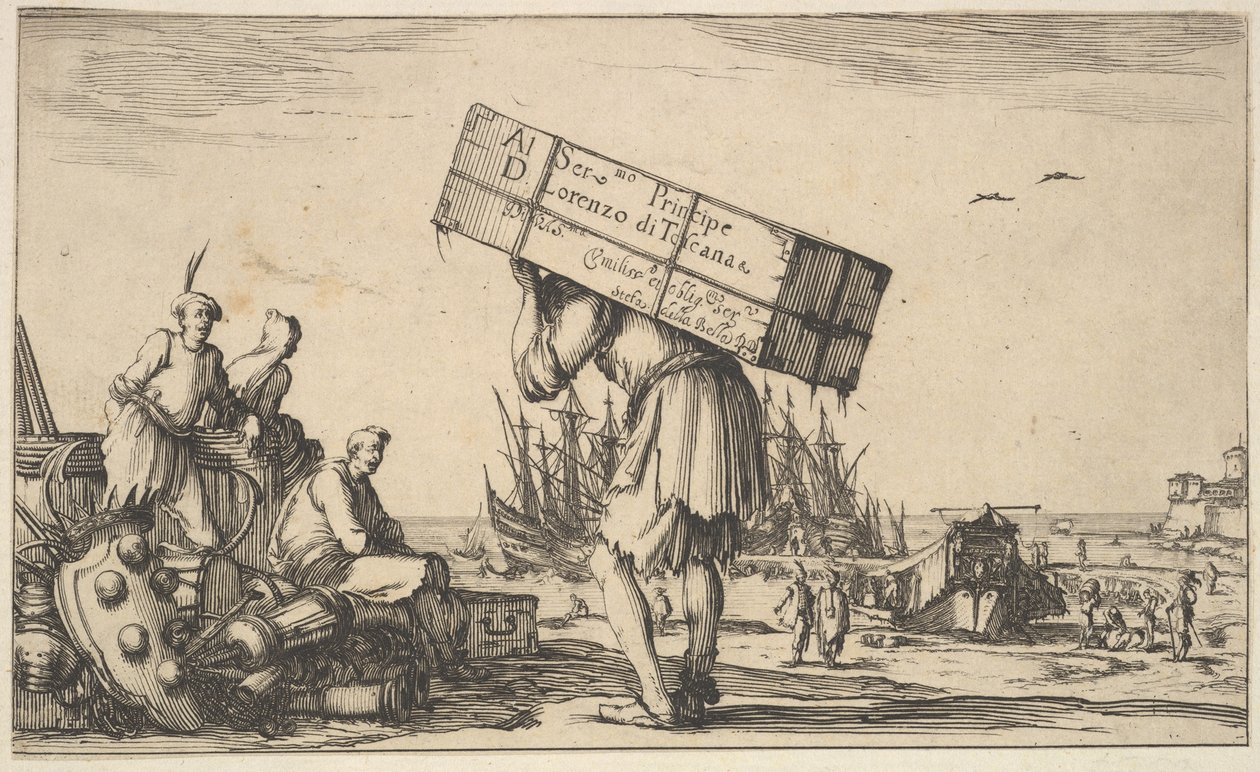 Titelpagina: een man met een koffer op zijn rug in het midden, drie mannen kijken naar hem..., 1639 door Stefano della Bella