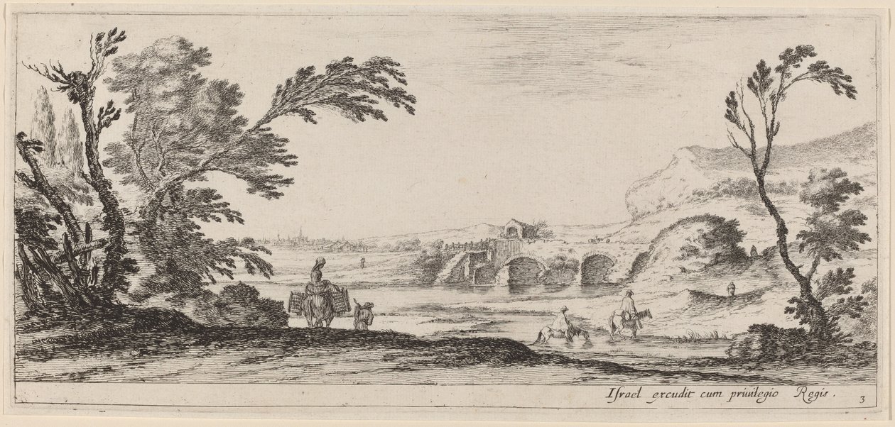 Reizigers die een stroom doorwaden, in of voor 1647 door Stefano della Bella
