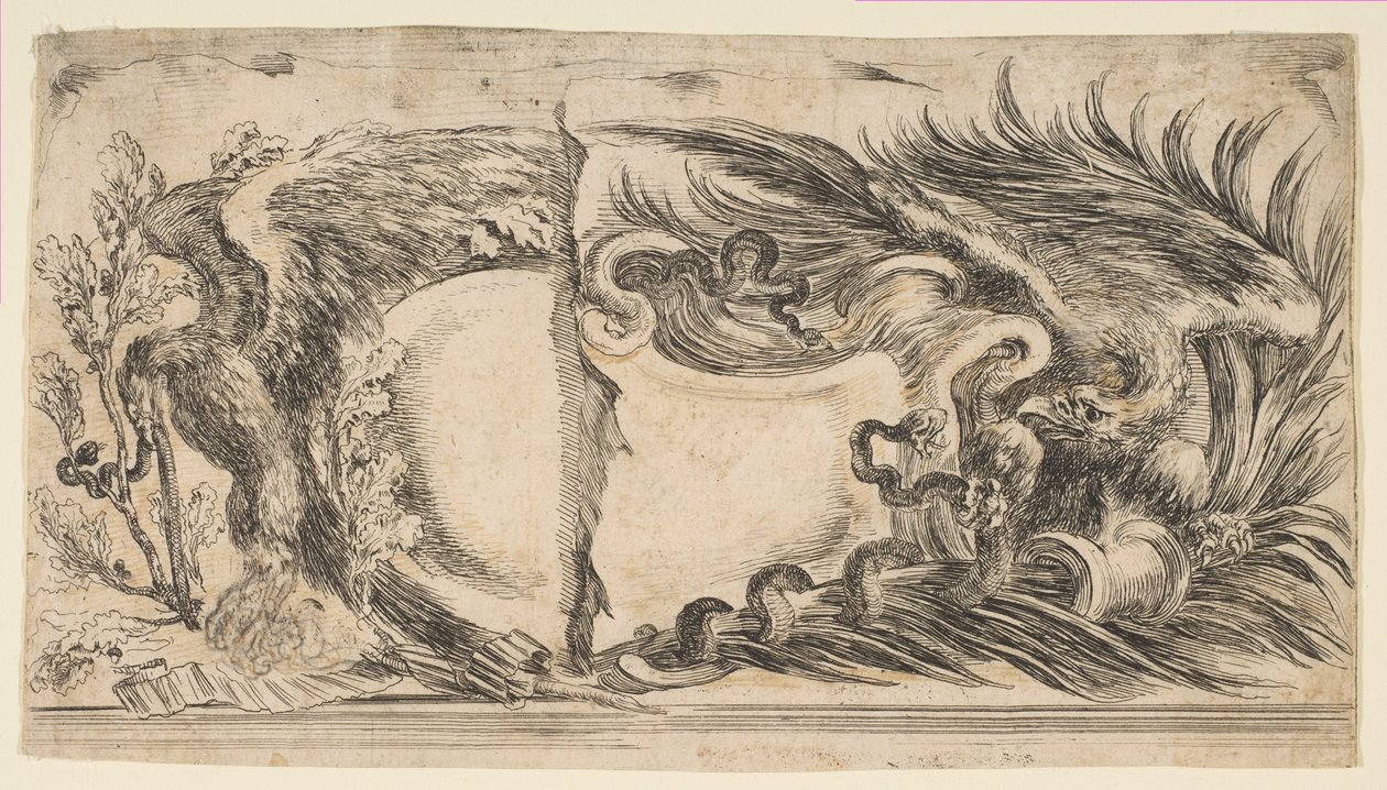 Twee verschillende helften van cartouches, elk een adelaar die vecht met een slang tonend, 1646 door Stefano della Bella