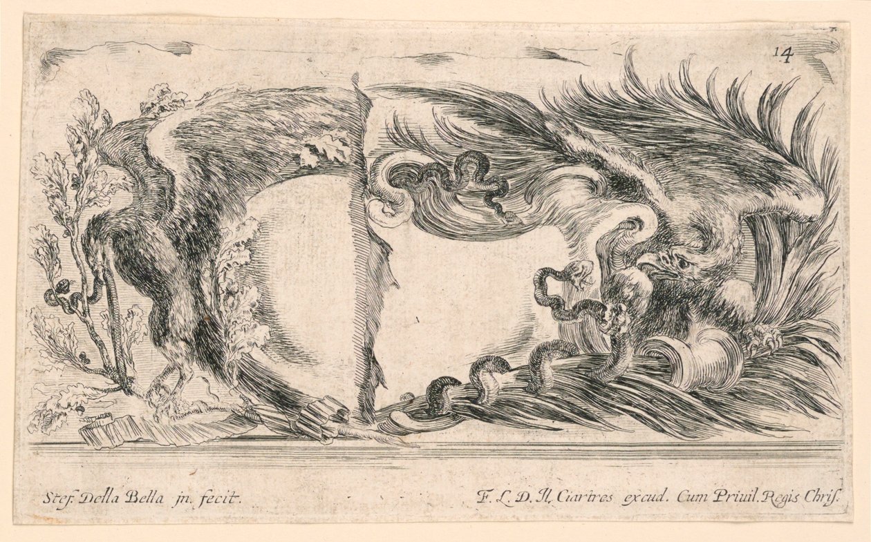 Twee helften van wapenschilden, nr. 14 uit "Raccolta di varii cappriccii et nove inventioni di cartelle et ornamenti" door Stefano della Bella