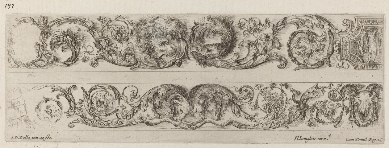Twee decoratieve banden met tegenovergestelde hoofden van leeuw en adelaar, en twee rammen door Stefano della Bella
