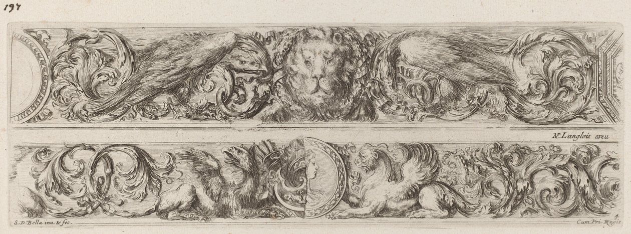 Twee decoratieve banden met hoofd van een leeuw en vrouw, waarschijnlijk 1648 door Stefano della Bella
