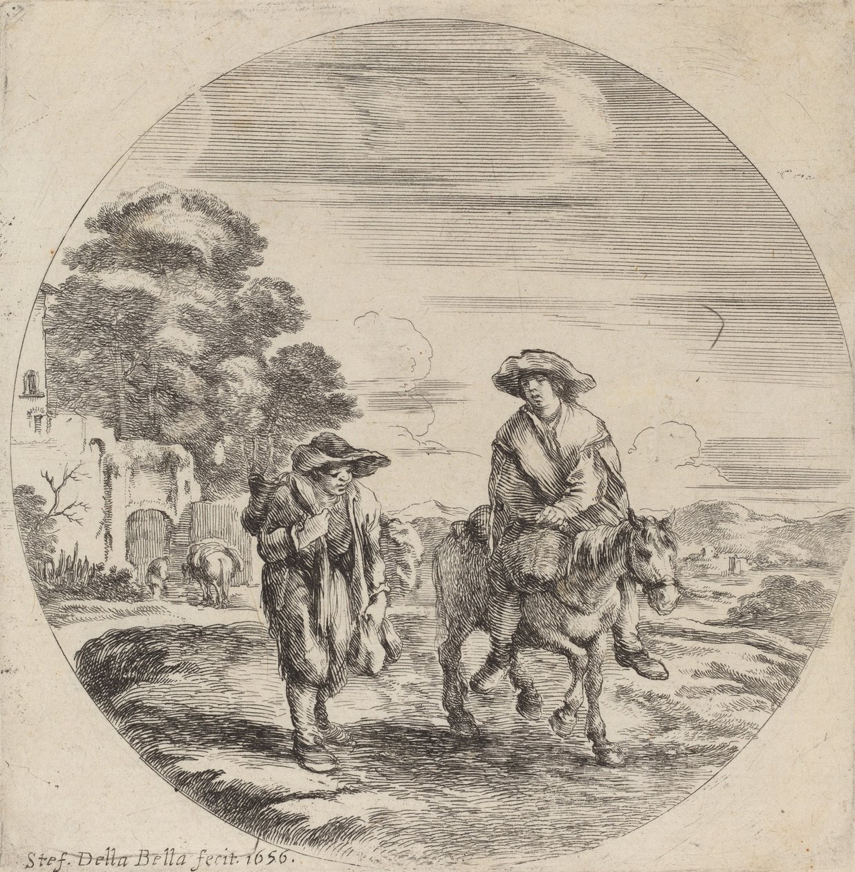 Twee boeren reizend in een landschap, 1656 door Stefano della Bella