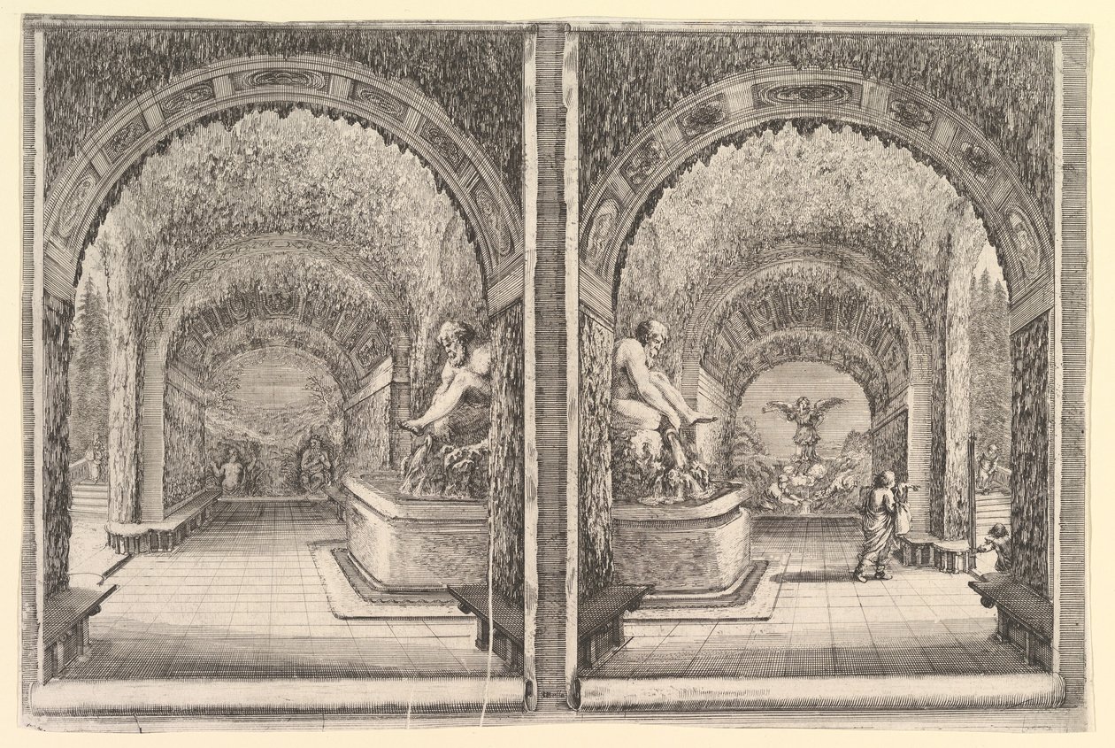 Twee uitzichten op een grot, beide uitzichten met een fontein met een zittend standbeeld, ca. 1653 door Stefano della Bella