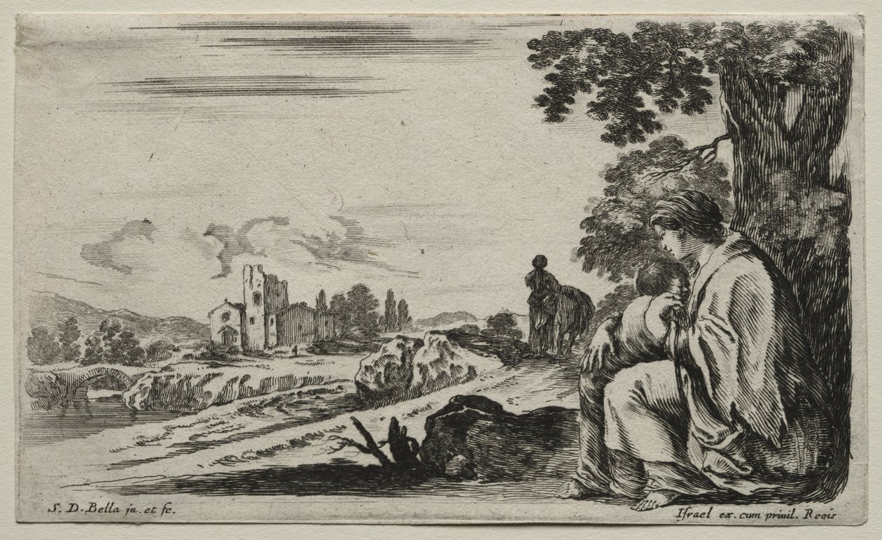 Verschillende Figuren en Landschappen: Een Arme Verpleegster Zittend onder een Boom door Stefano della Bella