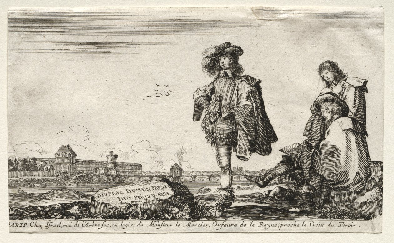Verschillende Figuren en Landschappen: Titelpagina - Drie Figuren door Stefano della Bella
