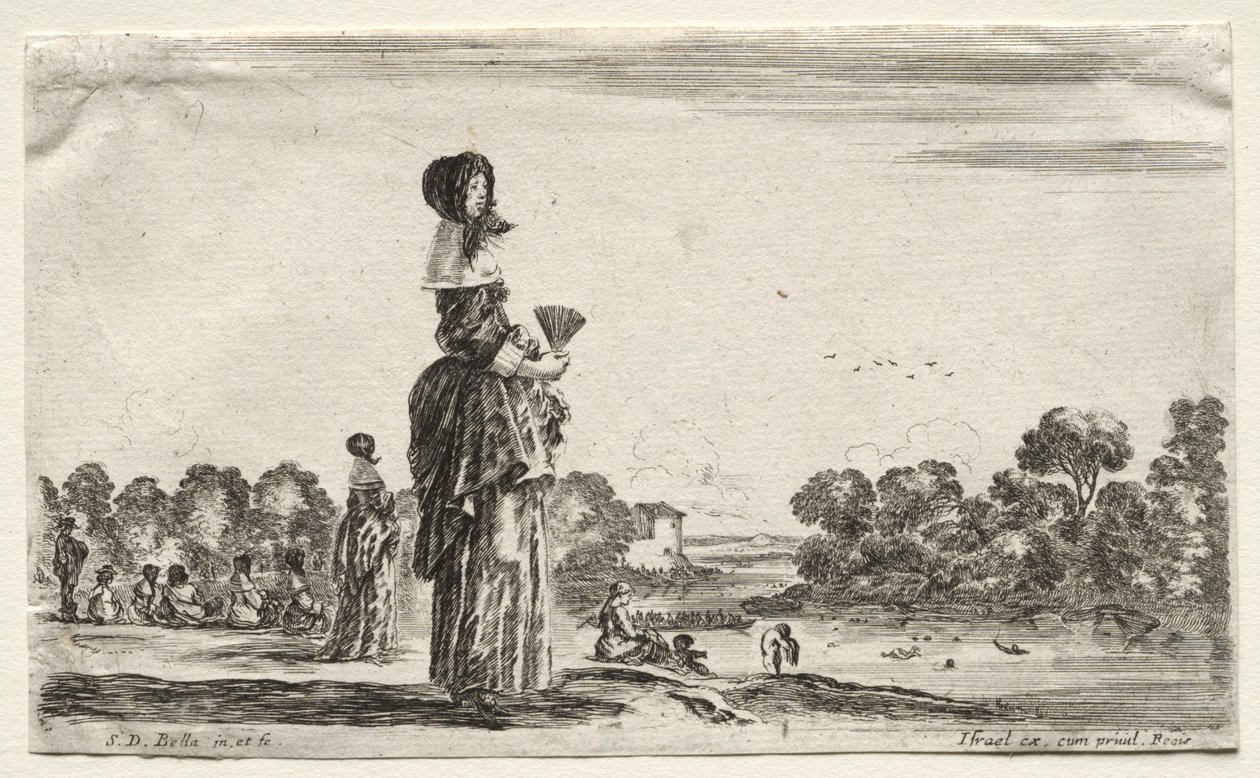 Verschillende figuren en landschappen: Vrouwen kijken naar baders langs een rivier door Stefano della Bella