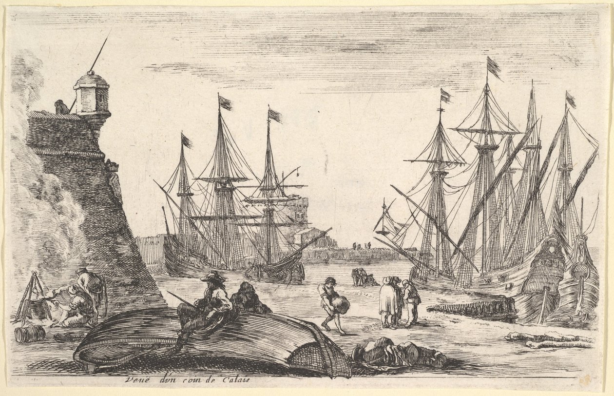 Uitzicht op een deel van Calais, een man zittend op een omgekeerde kano door Stefano della Bella