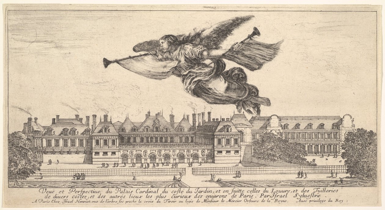 Uitzicht op het Palais Cardinal, de figuur van Faam in het midden bovenaan vliegend naar links door Stefano della Bella