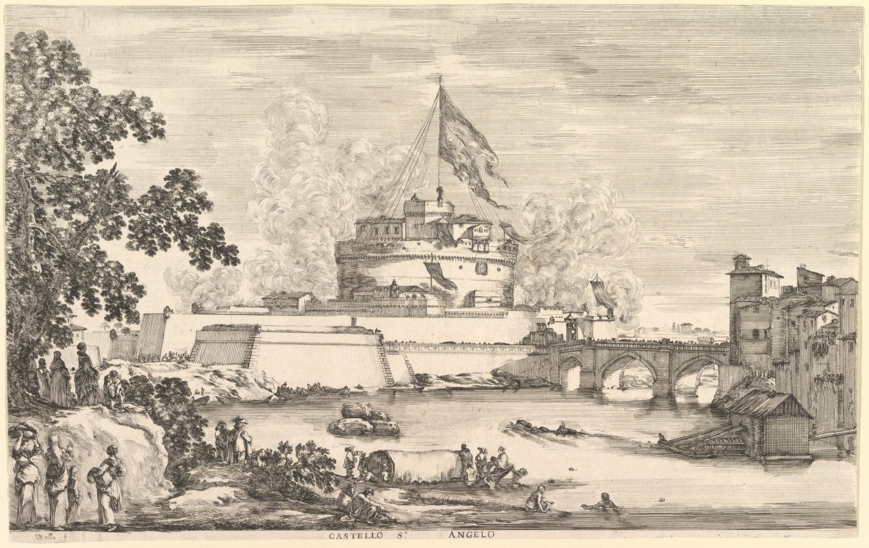 Uitzicht op de Tiber rivier, een grote boom links, twee groepen vrouwen links op de voorgrond door Stefano della Bella