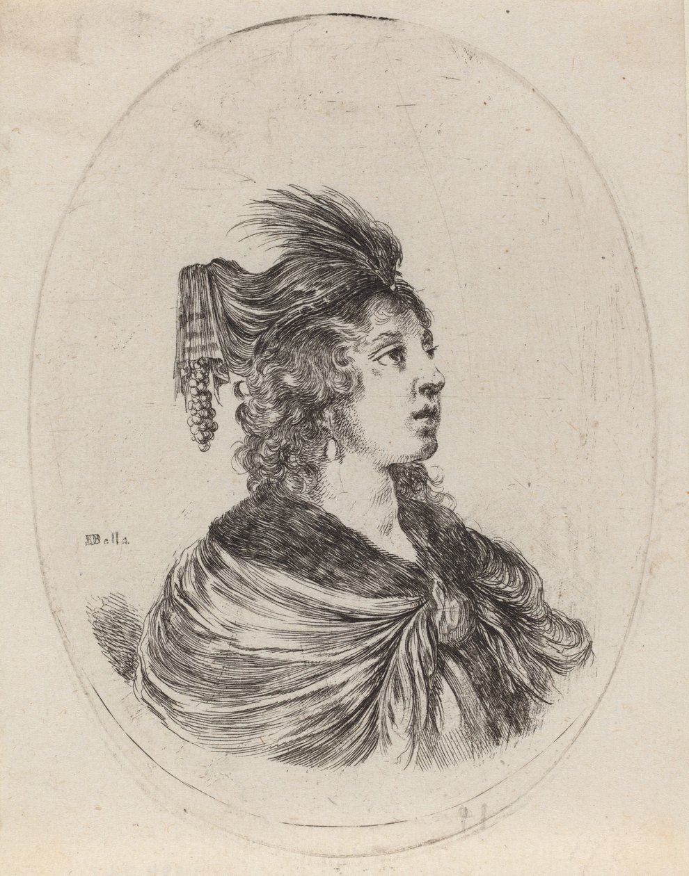 Vrouw in een gevederde tulband, naar rechts gedraaid, 1649-1650 door Stefano della Bella