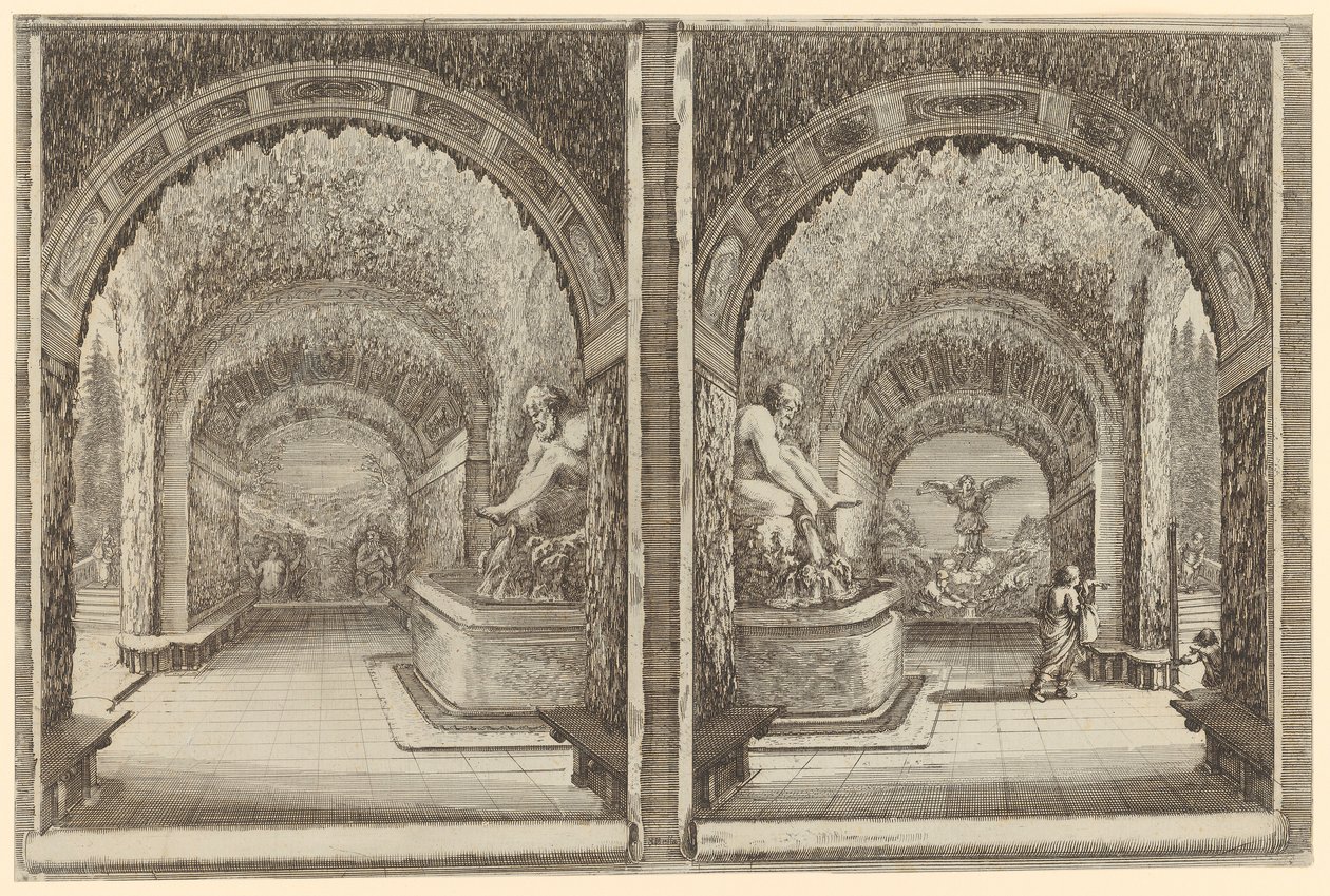 Twee afbeeldingen van een grot vanuit verschillende perspectieven door Stefano della Bella