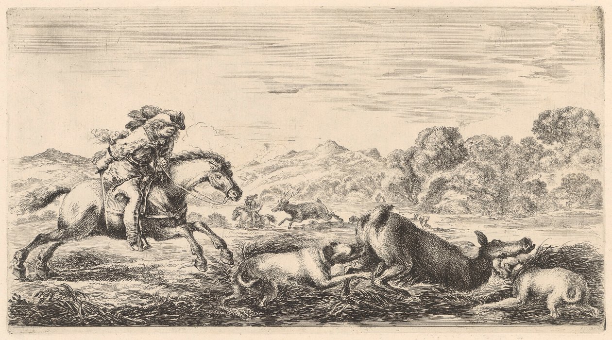 Twee honden brengen een hinde ten val door Stefano della Bella