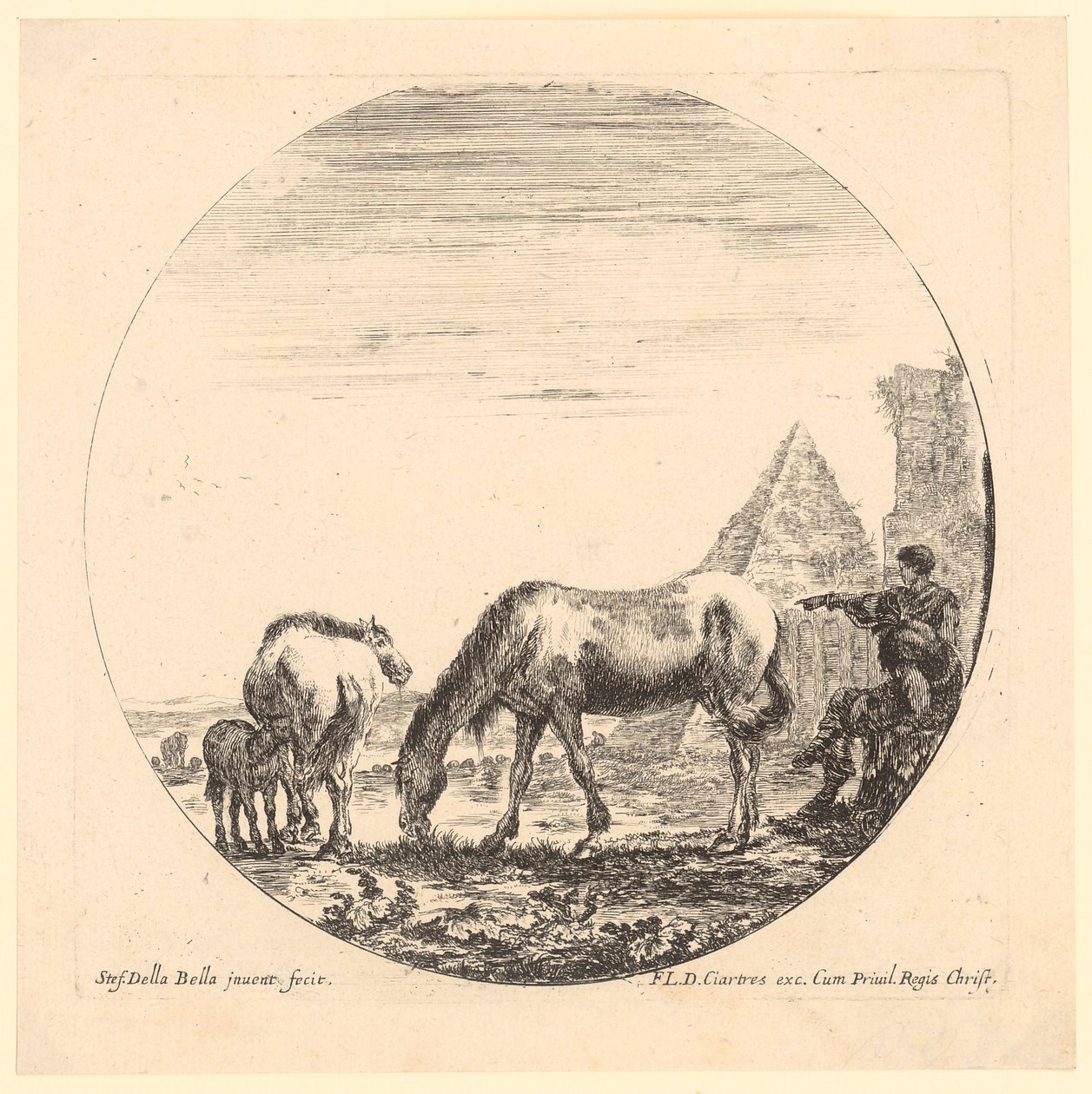 Twee paarden met veulens en twee herders bij de piramide van Caius Cestius door Stefano della Bella