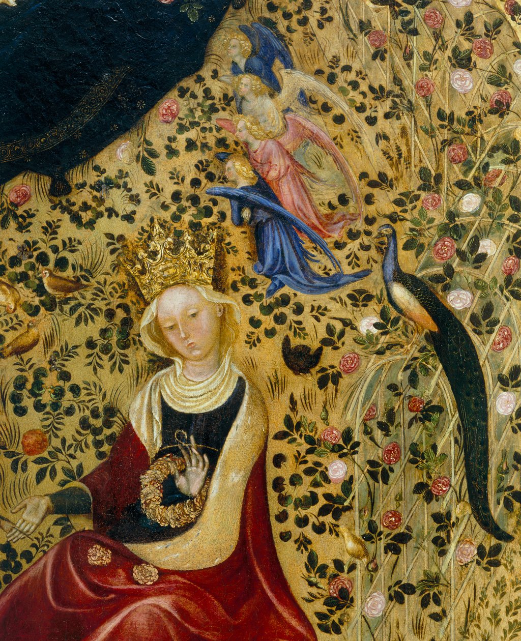 Sint Catharina van Alexandrië omringd door engelen en een pauw (detail van de Madonna del Roseto) door Stefano di Giovanni da Verona