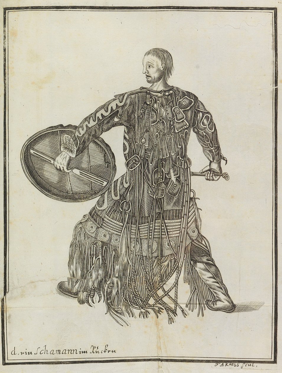 Een sjamaan. Uit Beschrijving van het land Kamtsjatka, ca. 1750 door Steller