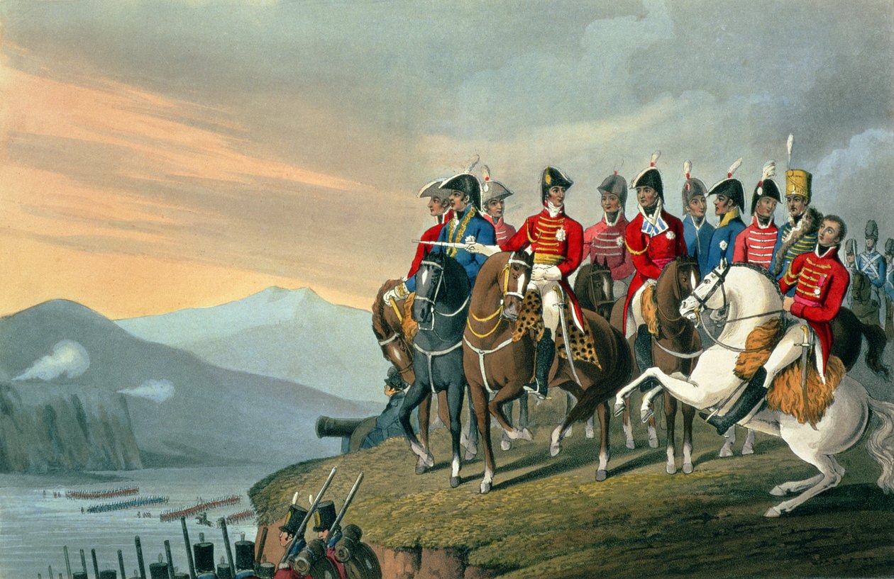 De Hertog van Wellington en zijn Staf steken de Bidassoa over en betreden Frankrijk, 1813, gegraveerd door Matthew Dubourg uit Historische, Militaire en Maritieme Anekdotes, uitgegeven door Edward Orme door Hyacinthe Francois Rigaud
