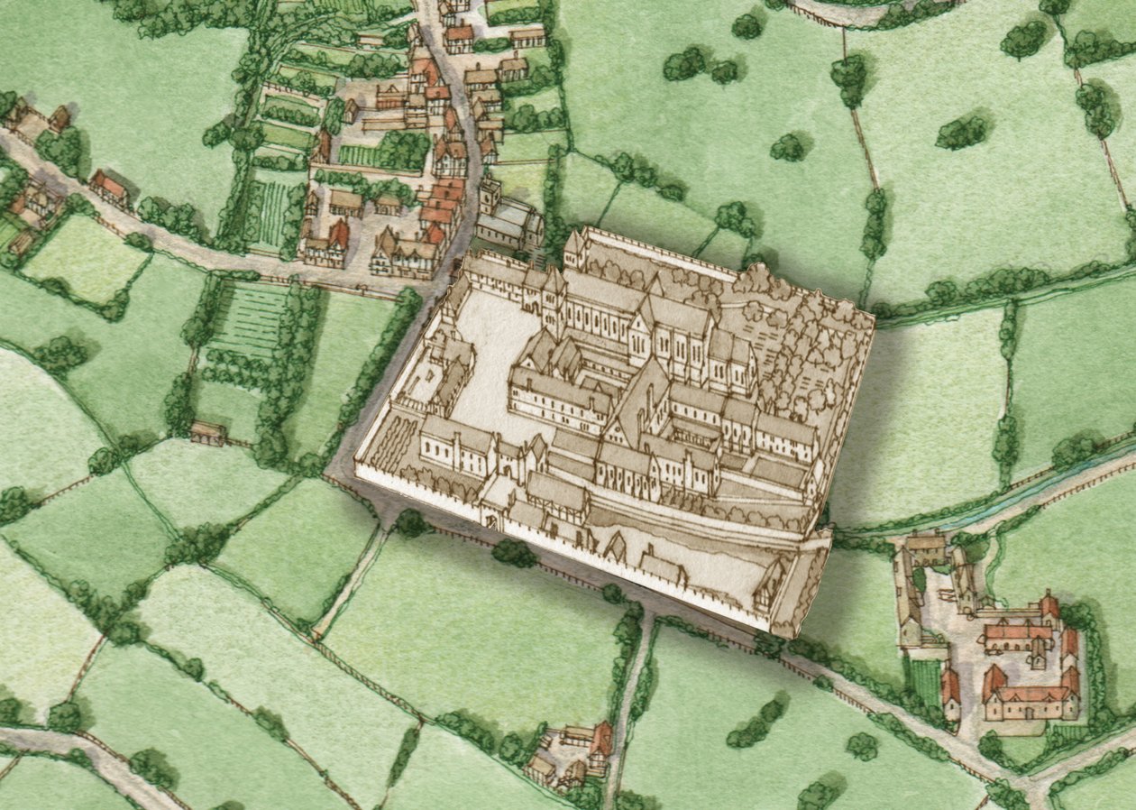 Bermondsey, Londen, circa 1600 met inzet van Pre-Reformation Abbey, 2021 (inkt en aquarel, digitaal) door Stephen Conlin