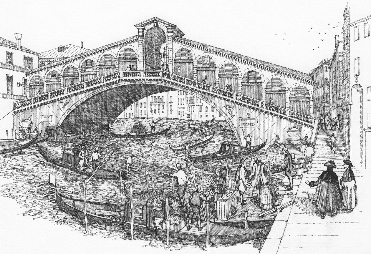 De Rialtobrug, Venetië in de 18e eeuw door Stephen Conlin