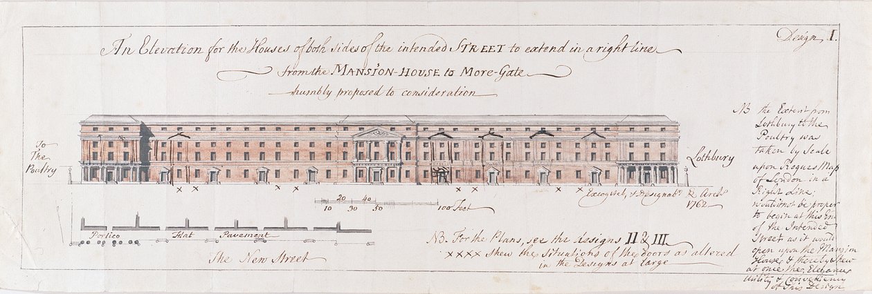 Ontwerp voor de huizen aan beide zijden van de beoogde straat om in een rechte lijn te verlengen van het herenhuis naar More-Gate, 1762 door Stephen Riou