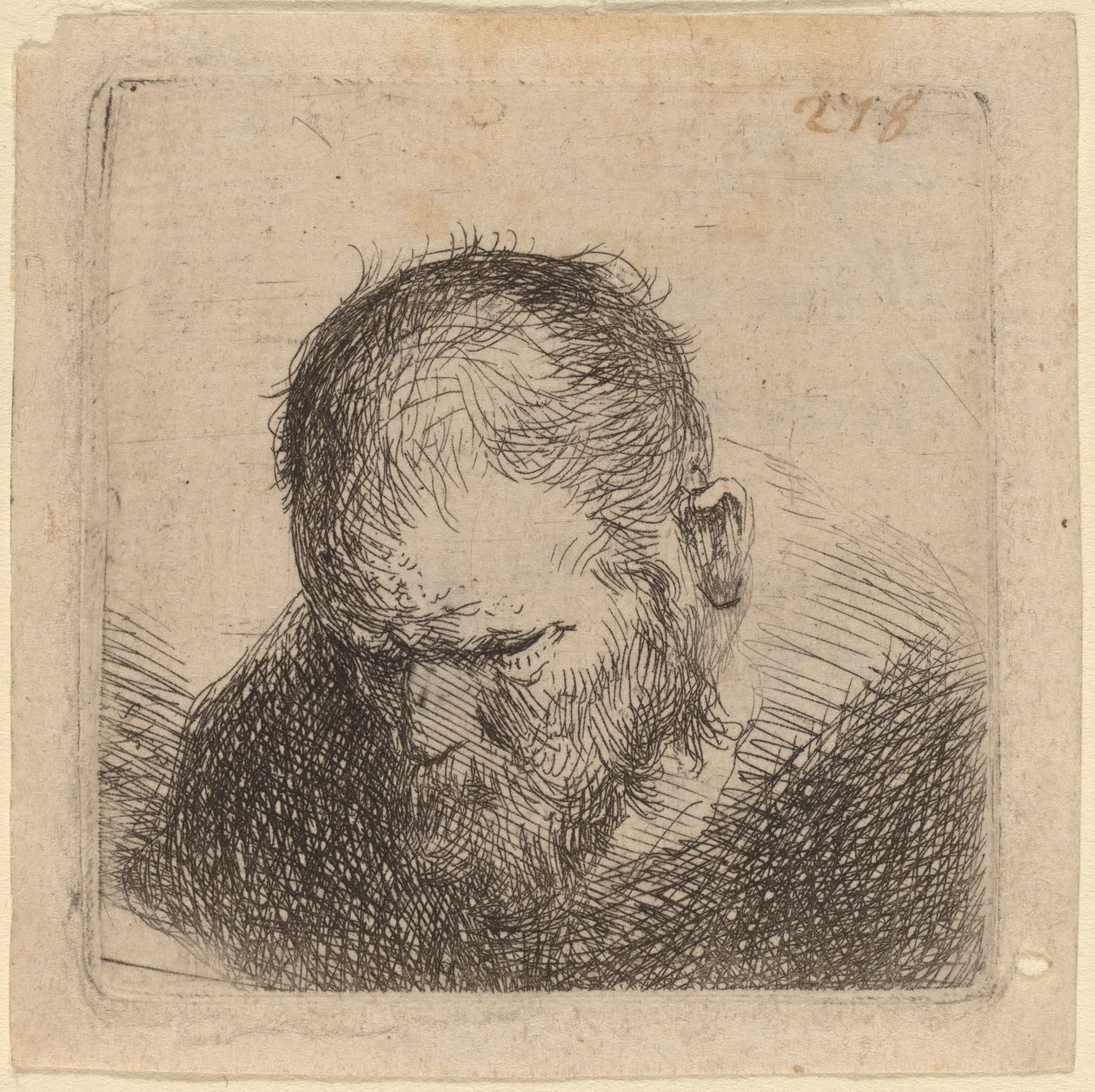 Baardige man die naar beneden kijkt door Studio of Rembrandt van Rijn