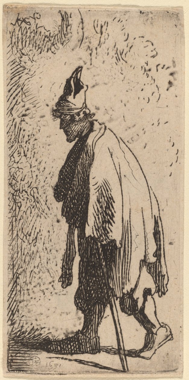 Bedelaar met een Stok, Lopend naar Links door Studio of Rembrandt van Rijn