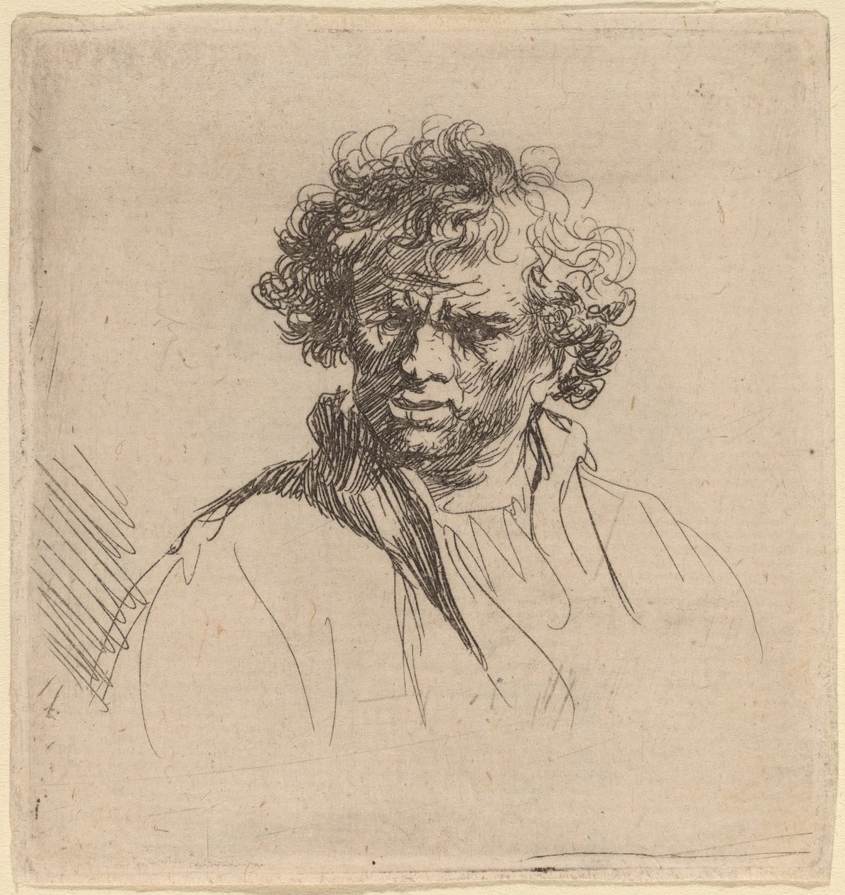 Krullend-Hoofd Man met een Scheve Mond door Studio of Rembrandt van Rijn