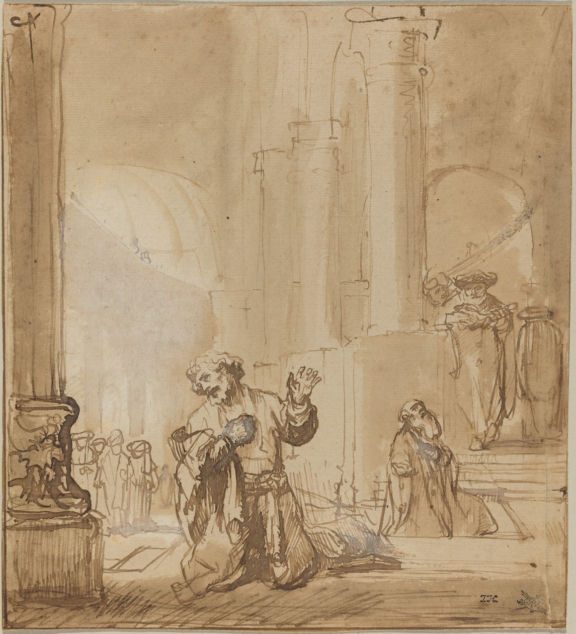 De gelijkenis van de tollenaar en de farizeeër door Studio of Rembrandt van Rijn