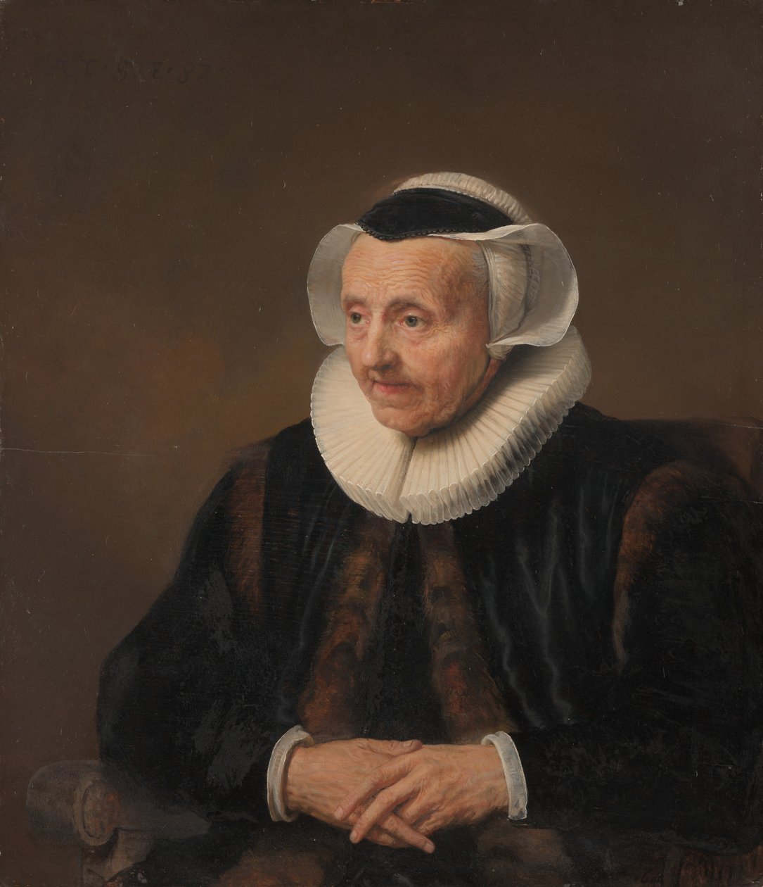 Portret van een oude vrouw door Style of Jacob Backer
