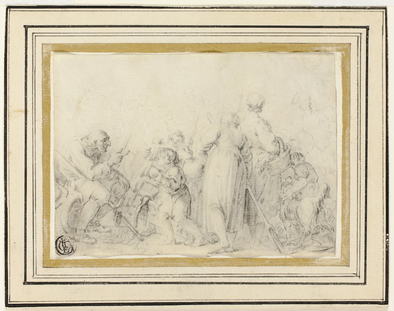 Genrescène met oude man, boerinnen en kinderen door Style of Jean Baptiste Greuze