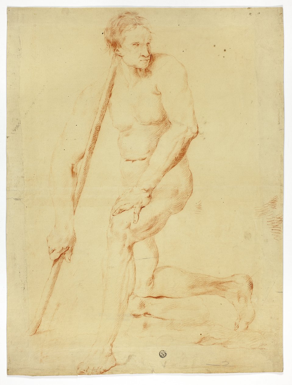 Academisch mannelijk naakt leunend op staf door Style of Pompeo Girolamo Batoni