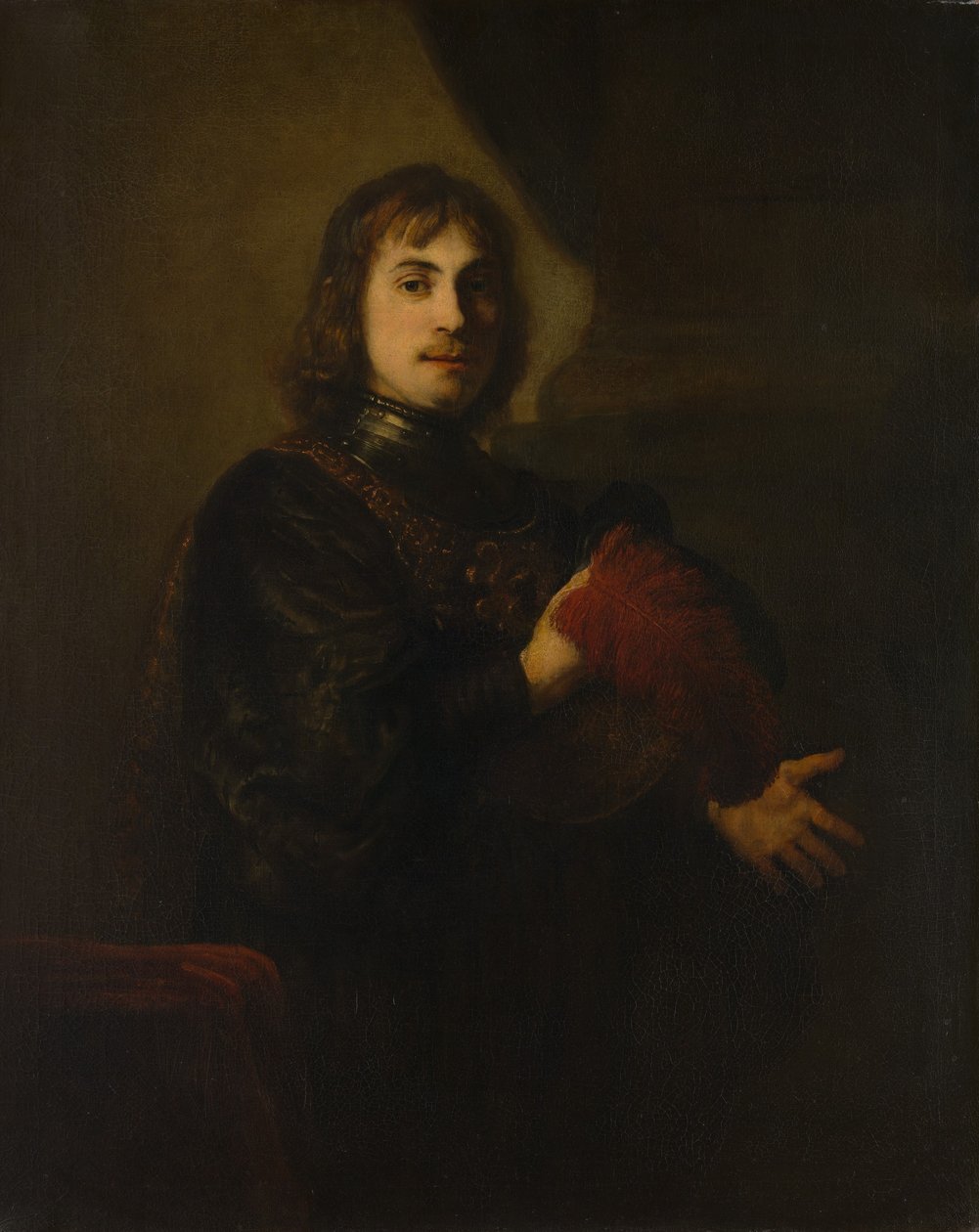 Portret van een Man met Borstplaat en Gevederde Hoed door Style of Rembrandt