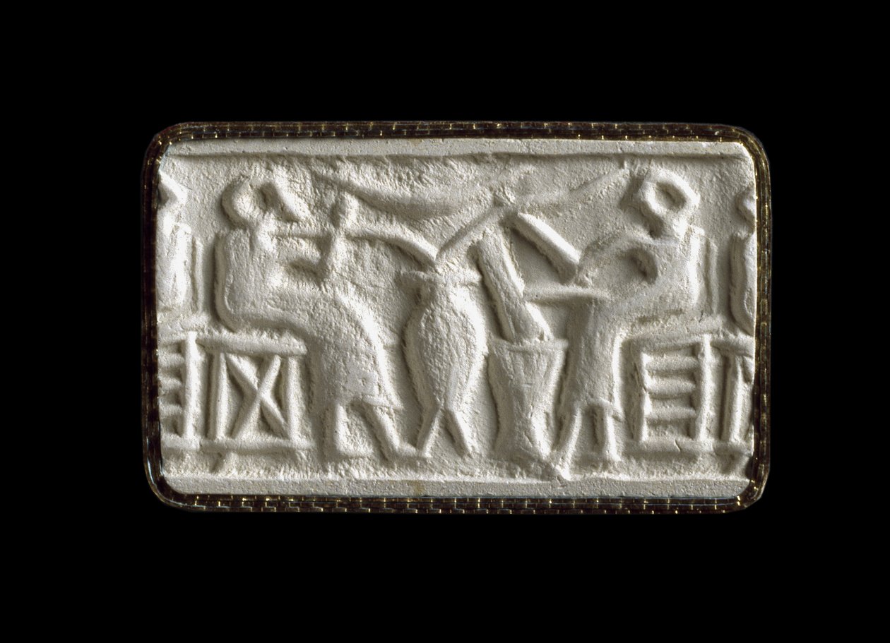 Cilinderzegelafdruk van twee zittende figuren die door buizen drinken, Kish, Irak, waarschijnlijk c.2500 v.Chr. door Sumerian