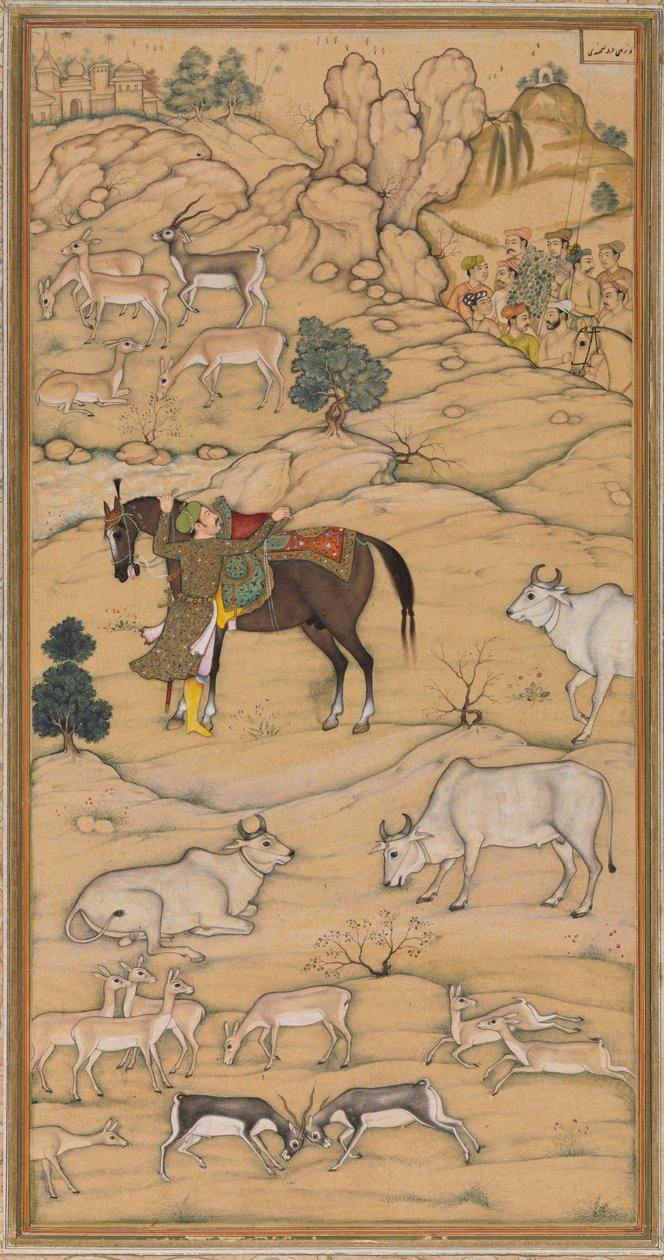 Akbar Stijgt op zijn Paard, pagina uit de Chester Beatty Akbar Nama Geschiedenis van Akbar, 1605-07 door Sur Das Gujarati