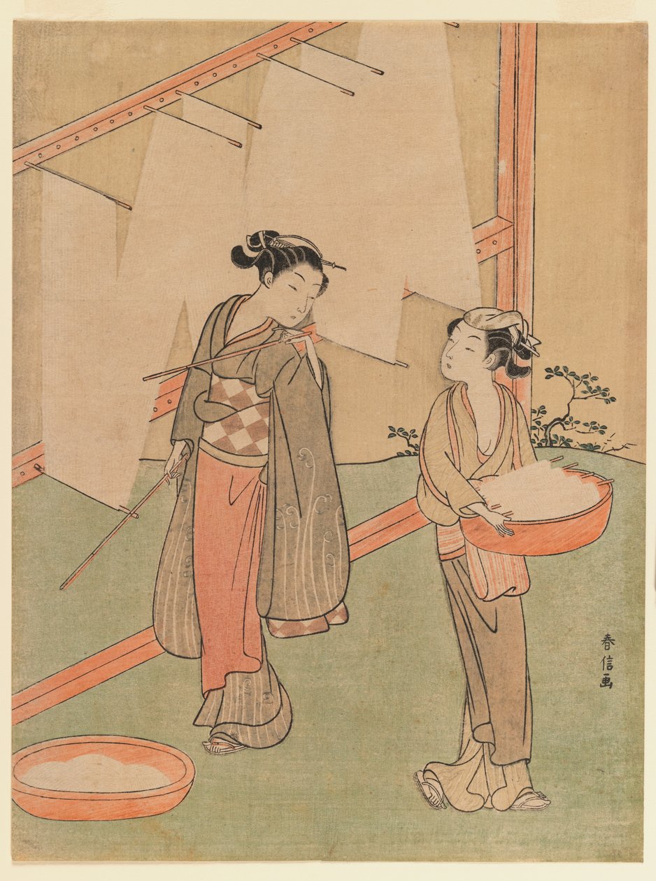 Jong meisje en dienaar die Japanse fijne noedels drogen, ca. 1766 door Suzuki Harunobu