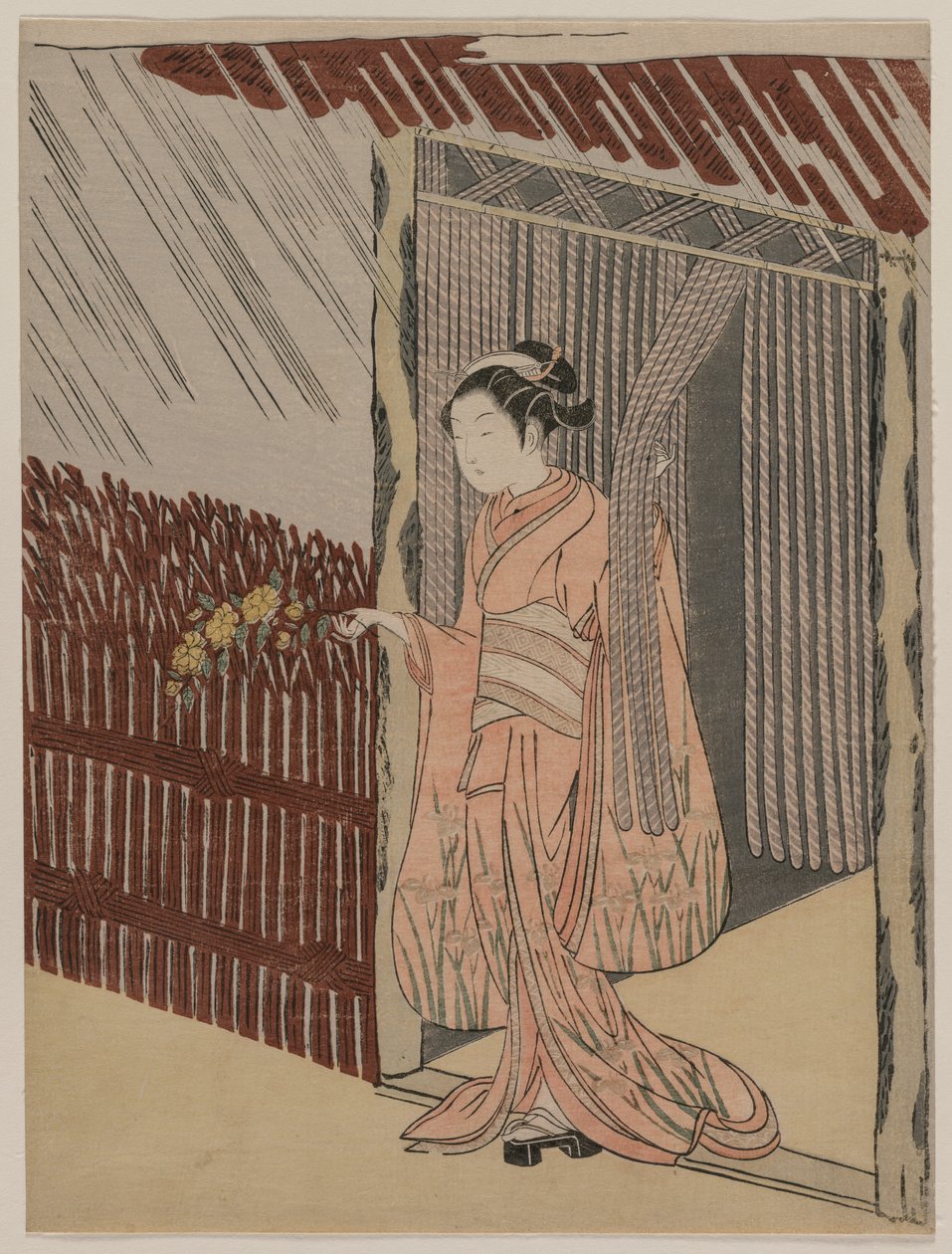 Een meisje dat zich in roze kleedt door Suzuki Harunobu