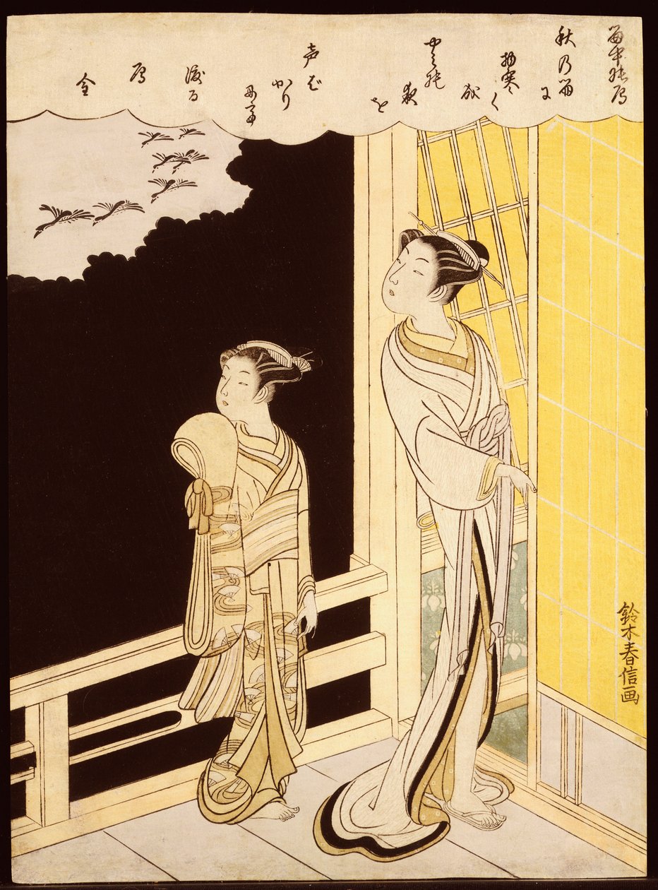 Een courtisane en haar kamuro op een veranda die vliegende ganzen in de regen bekijken door Suzuki Harunobu