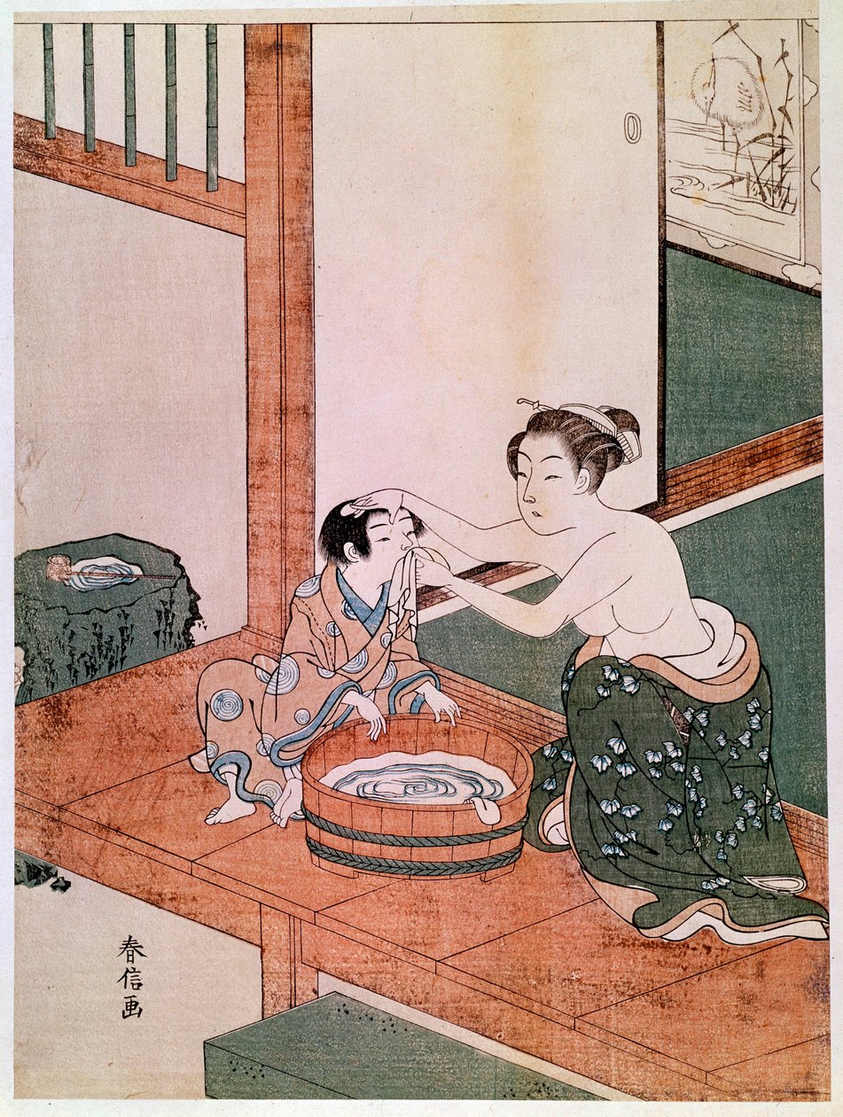 Een naakte moeder die haar kind wast in Japan bij een bassin gevuld met water. Prenten door Haronobu Suzuki (1725-1770). 1766-1768. Dim. 0,27x0,201 m. Parijs, Guimet Museum, Nationaal Museum van Aziatische Kunsten door Suzuki Harunobu