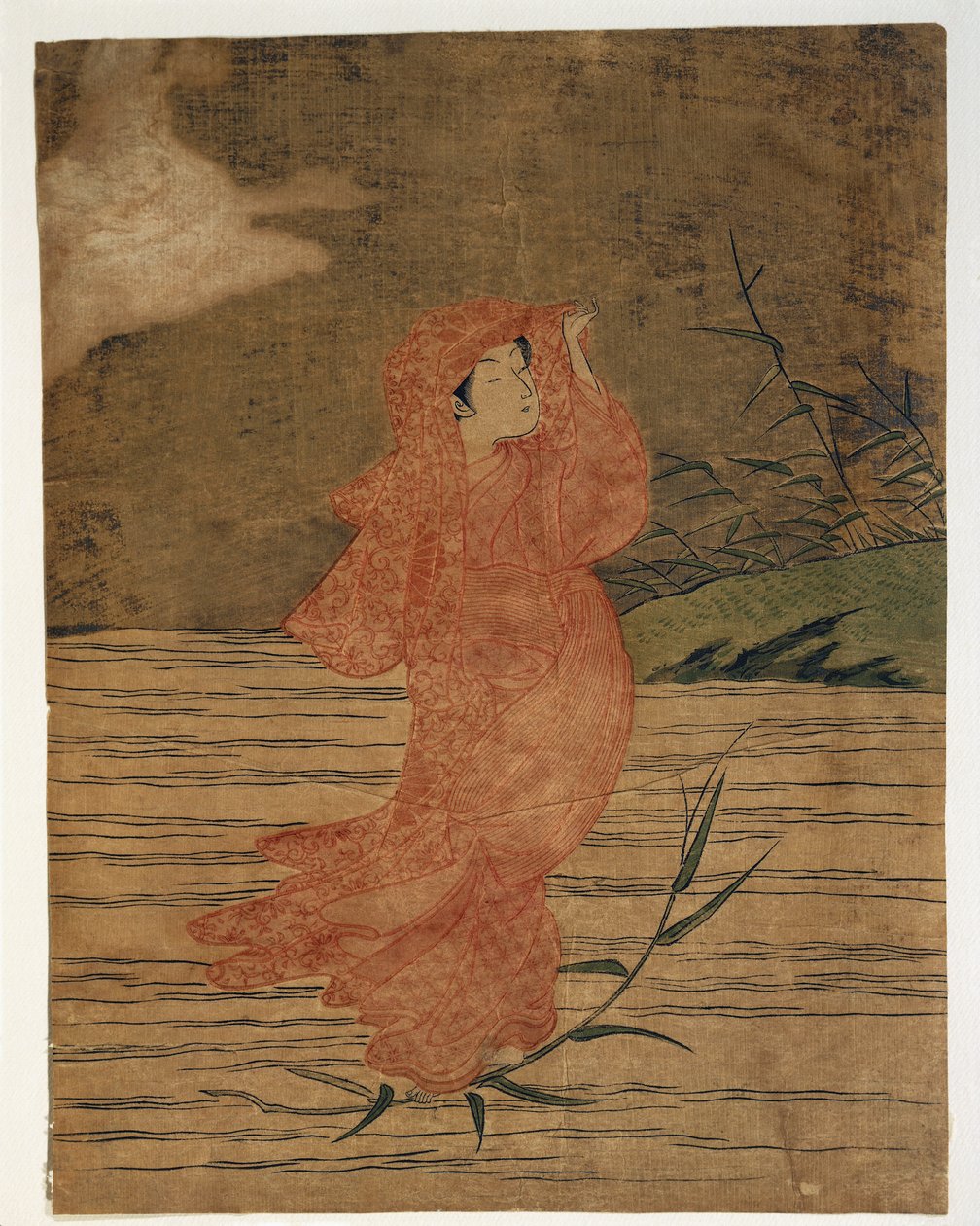 Close-up van het schilderij van een vrouw door Suzuki Harunobu