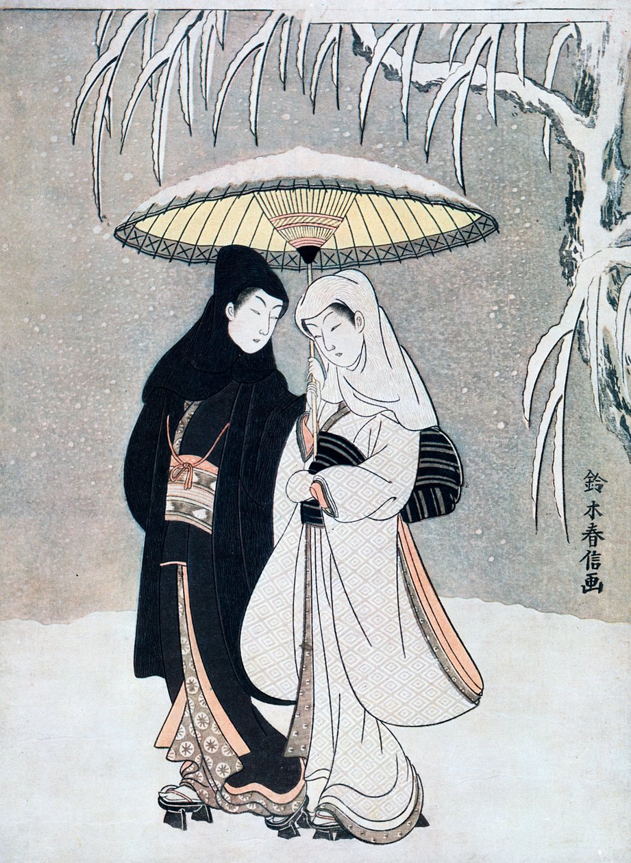 Kraai en Reiger, of Jonge Geliefden die Samen Onder een Paraplu Lopen in een Sneeuwstorm, ca. 1769 door Suzuki Harunobu