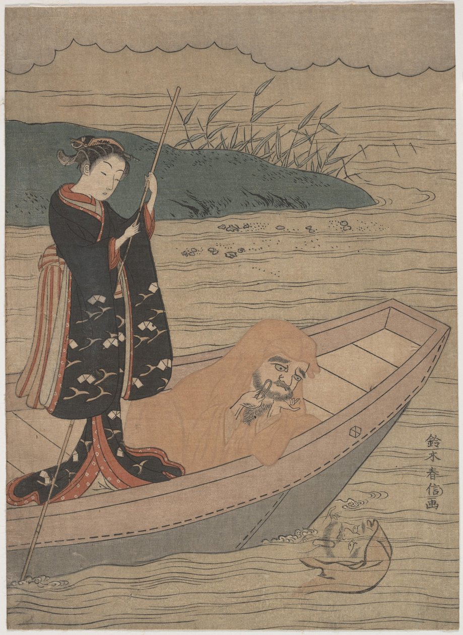 Daruma in een boot met een bediende door Suzuki Harunobu
