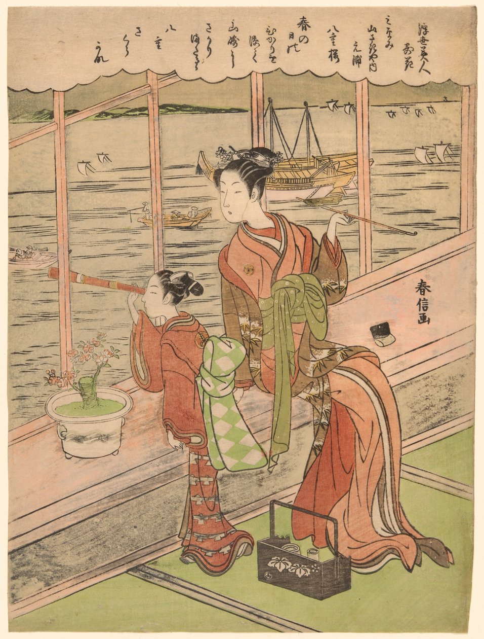 Dubbelbloemige Kers: Motoura van de Minami Yamasakiya, uit de serie "Schoonheden van de Drijvende Wereld Vergeleken met Bloemen" door Suzuki Harunobu