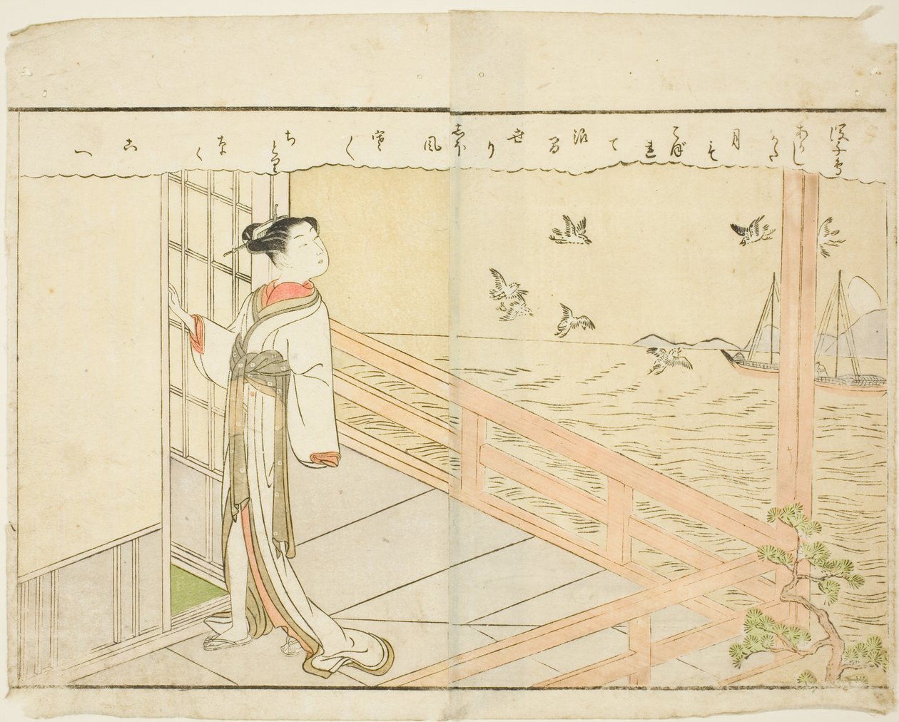 Dubbele pagina illustratie uit Vol. 2 van "Prentenboek van Lente Brokaten (Ehon haru no nishiki)" door Suzuki Harunobu