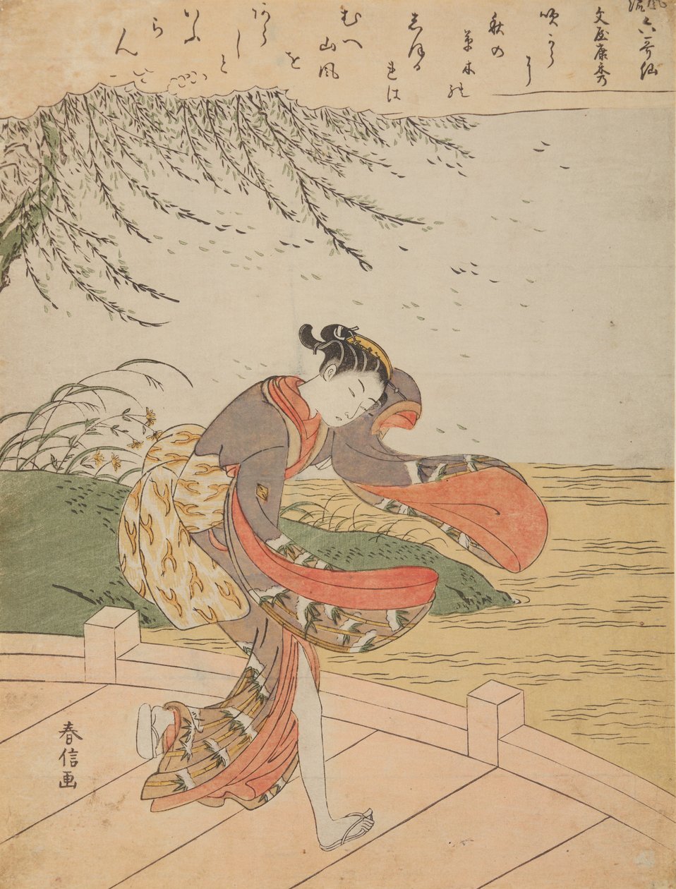 Meisje op een brug in de wind, uit de serie: Furyu rokkasen - De zes elegante onsterfelijke dichters door Suzuki Harunobu