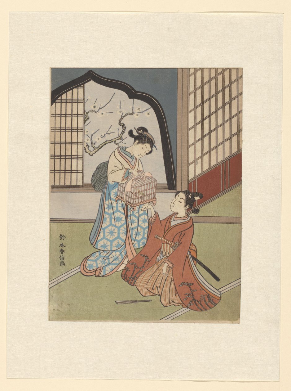 Een paar met vogelkooi door Suzuki Harunobu